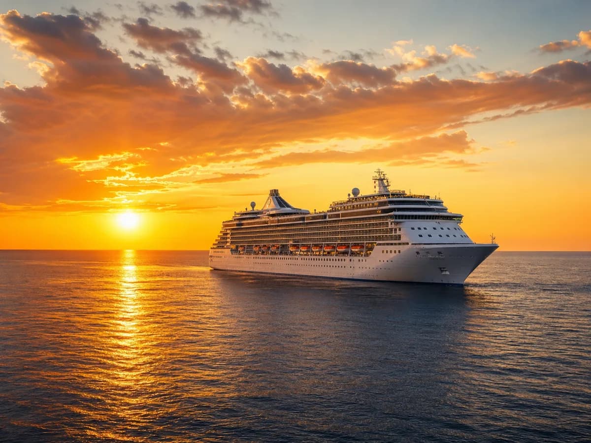 Cruise ship sailing at sunset on a Western Caribbean route