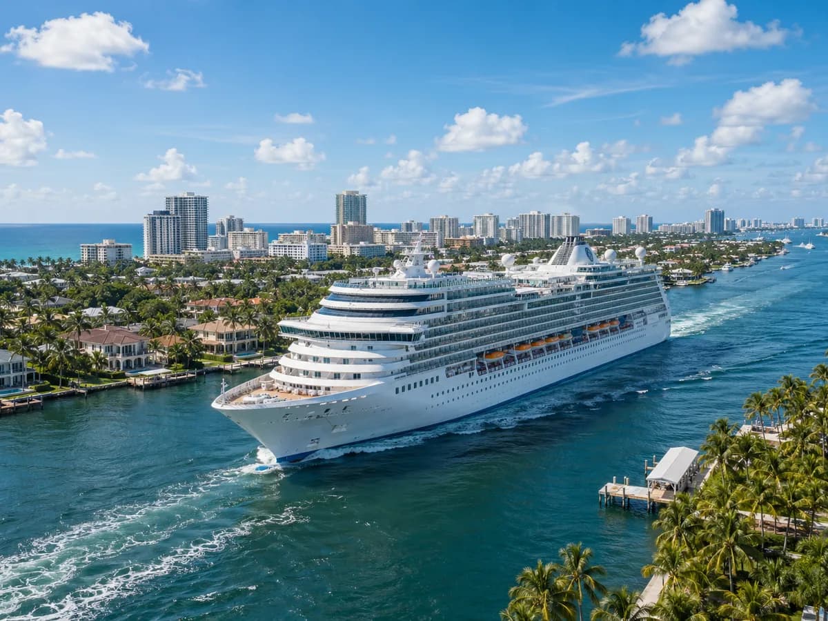 Princess cruise ship departing Fort Lauderdale at golden hour